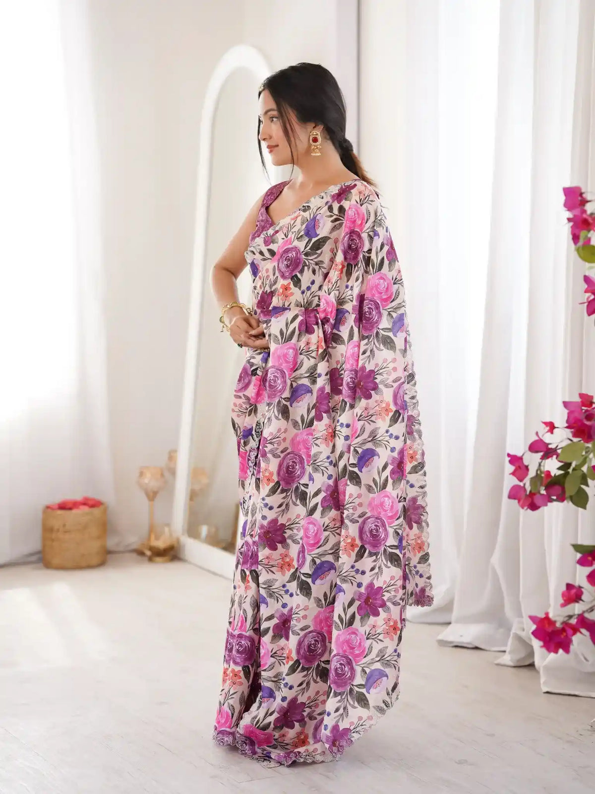 Purple Pure Chinon Digital Printed Swarovski Work Saree - View 3