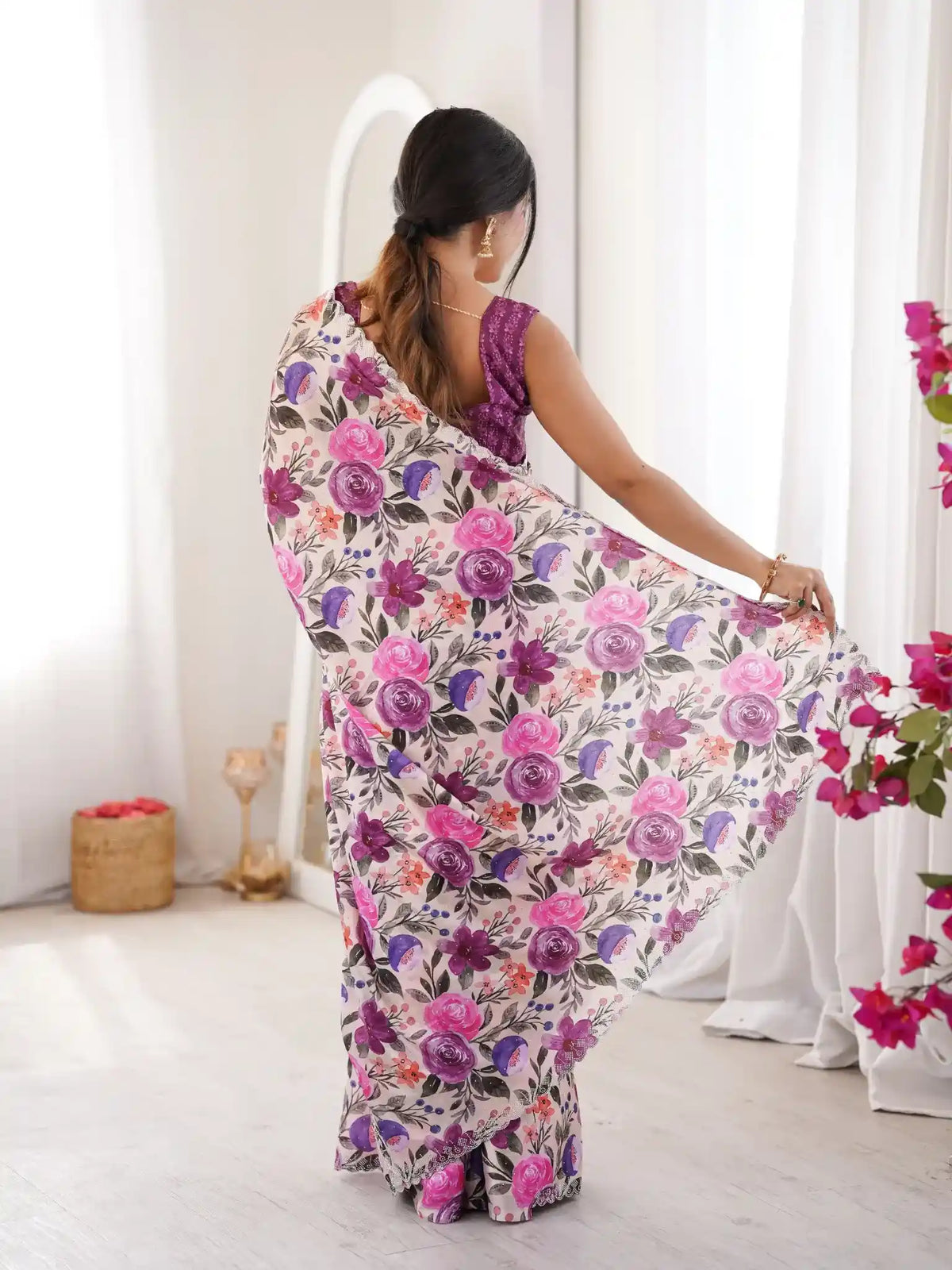 Purple Pure Chinon Digital Printed Swarovski Work Saree - View 5
