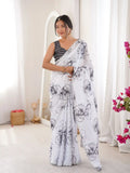 White Pure Chinon Digital Printed Swarovski Work Saree