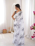White Pure Chinon Digital Printed Swarovski Work Saree - View 3