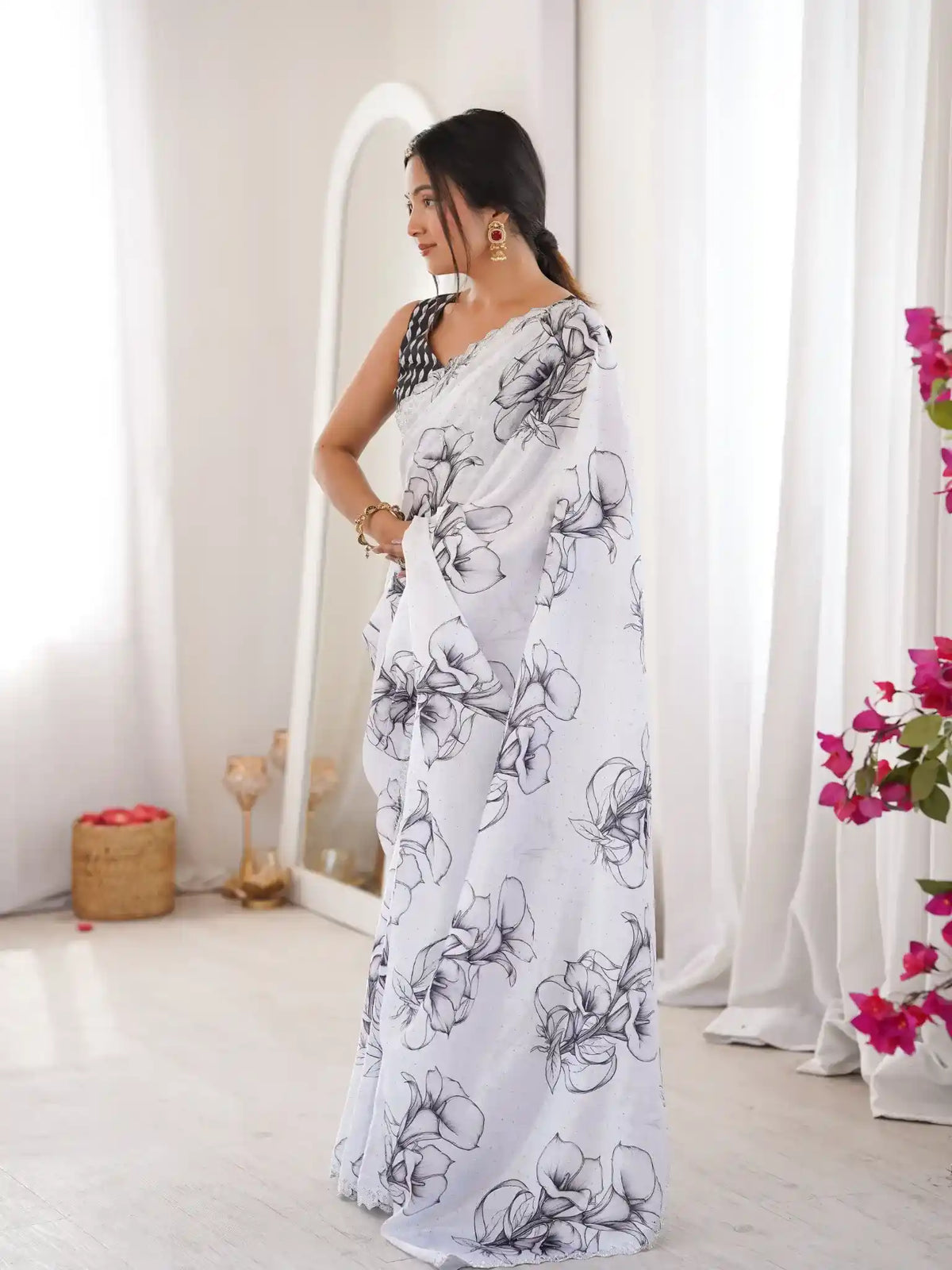 White Pure Chinon Digital Printed Swarovski Work Saree - View 3