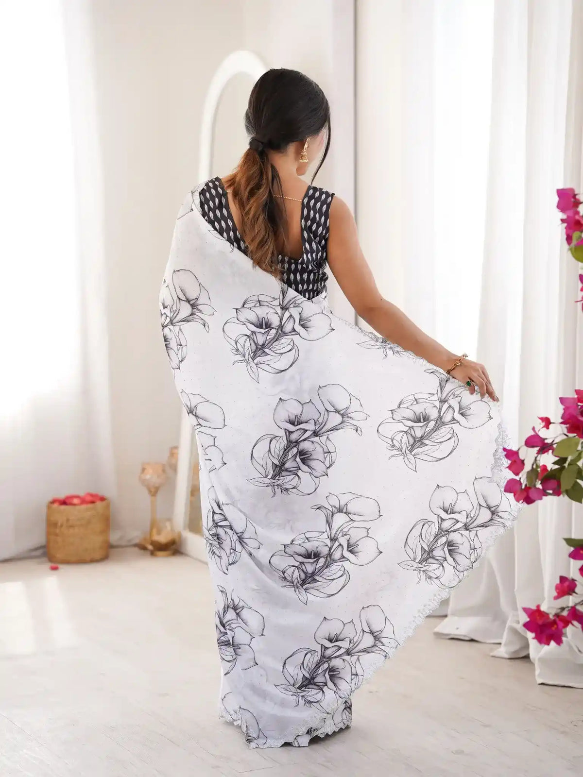 White Pure Chinon Digital Printed Swarovski Work Saree - View 5