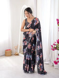 Black Pure Chinon Digital Printed Swarovski Work Saree