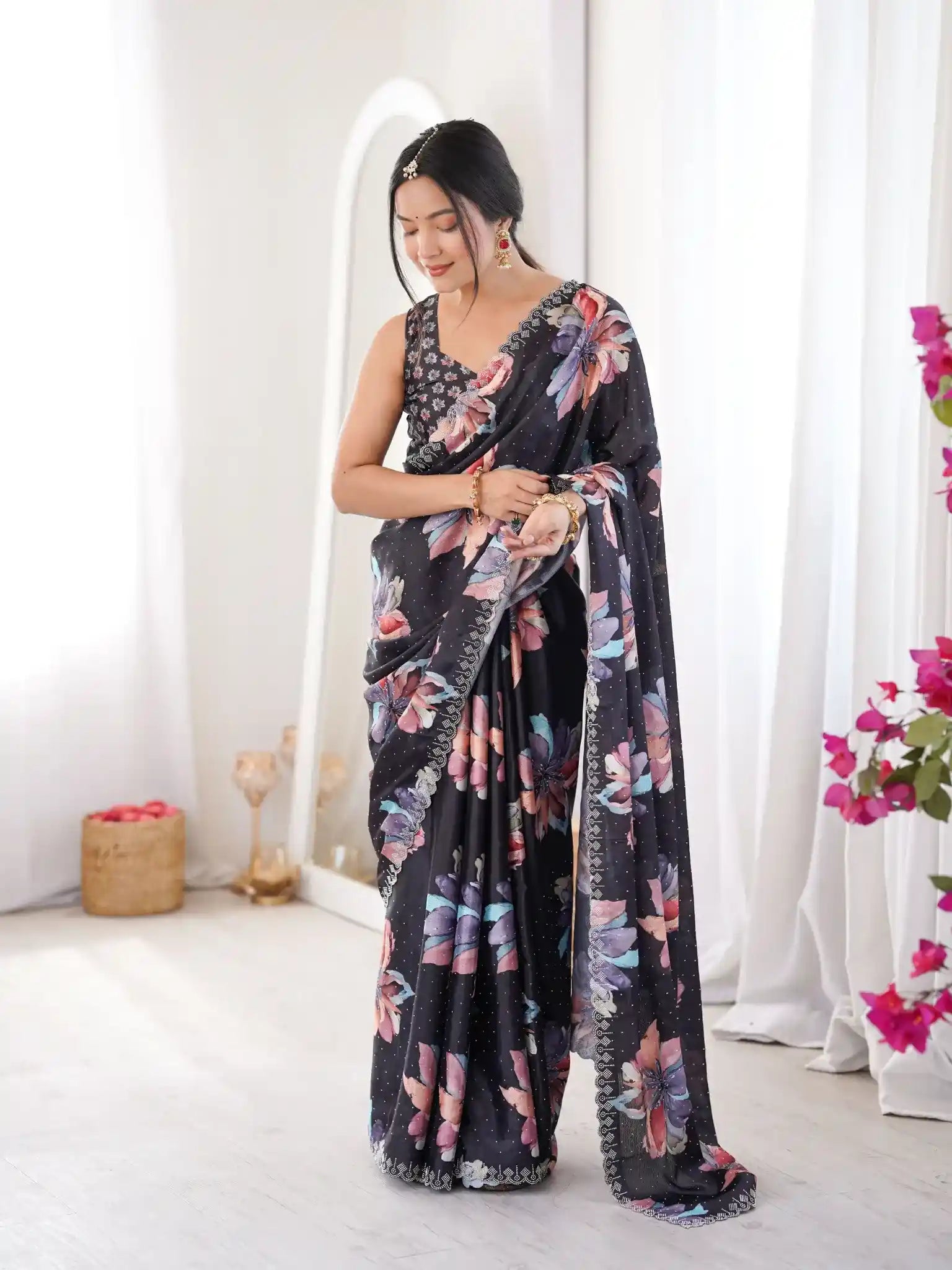 Black Pure Chinon Digital Printed Swarovski Work Saree - View 1