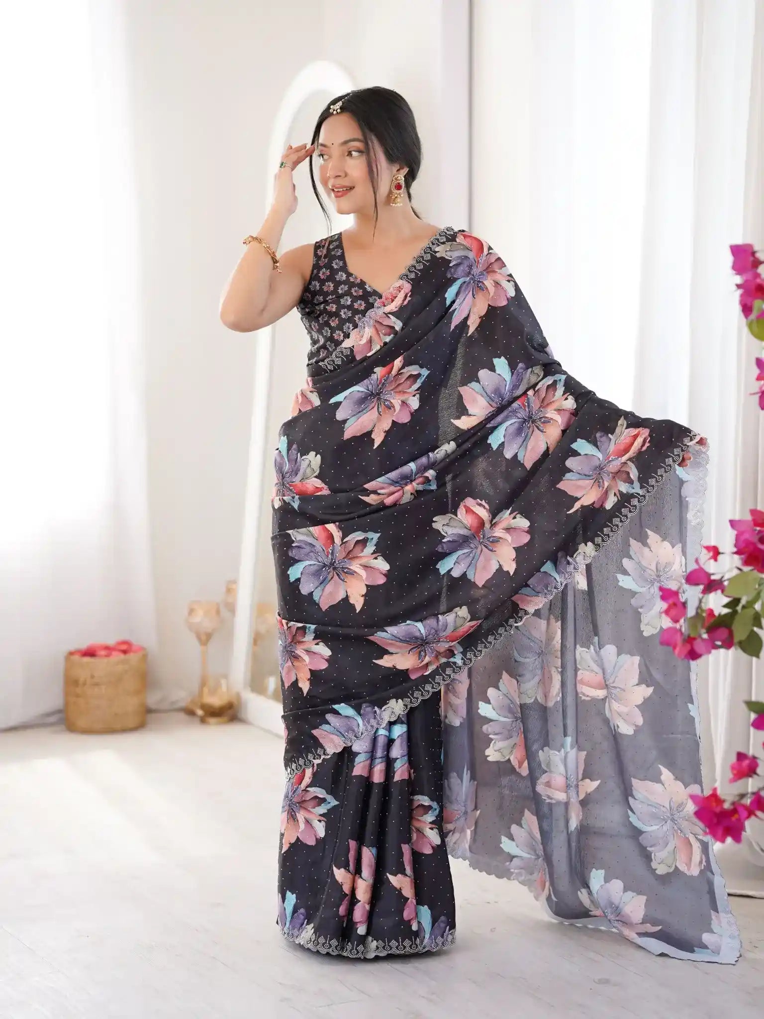 Black Pure Chinon Digital Printed Swarovski Work Saree - View 2