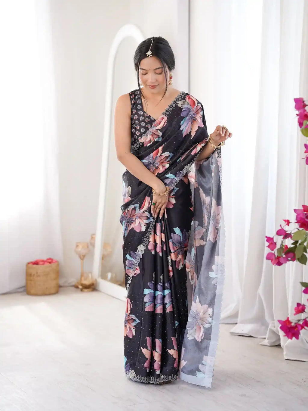 Black Pure Chinon Digital Printed Swarovski Work Saree - View 3
