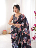 Black Pure Chinon Digital Printed Swarovski Work Saree - View 4