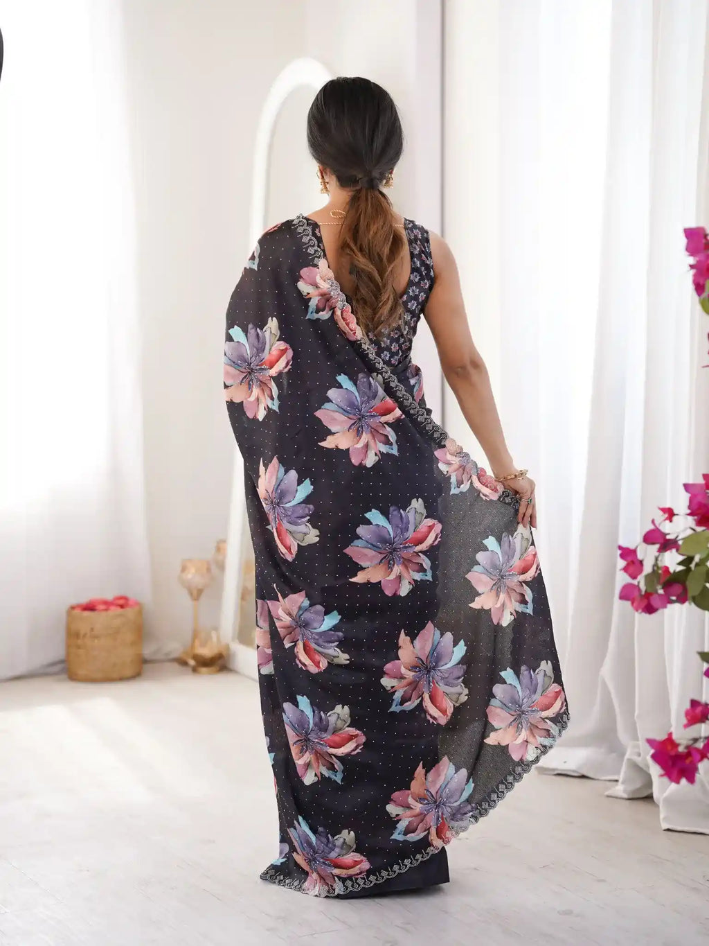 Black Pure Chinon Digital Printed Swarovski Work Saree - View 5