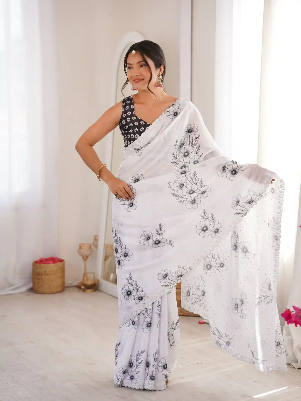 White Pure Chinon Digital Printed Swarovski Work Saree - View 1