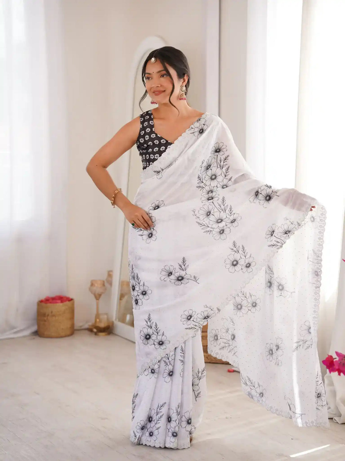 White Pure Chinon Digital Printed Swarovski Work Saree - View 1