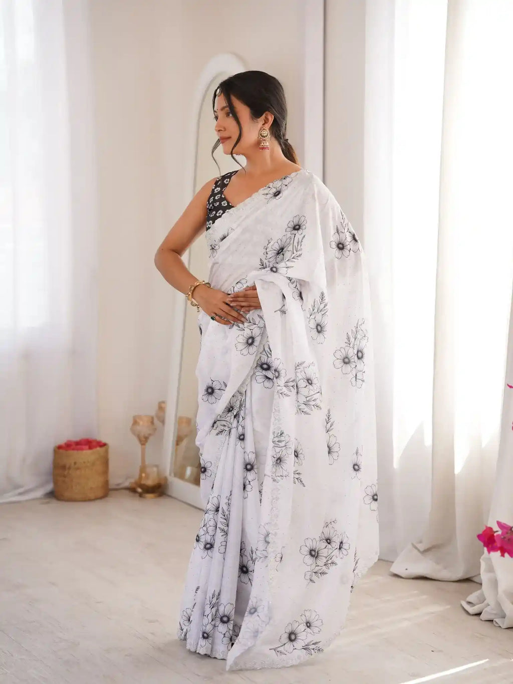 White Pure Chinon Digital Printed Swarovski Work Saree - View 2