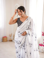 White Pure Chinon Digital Printed Swarovski Work Saree - View 3
