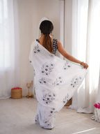White Pure Chinon Digital Printed Swarovski Work Saree - View 4