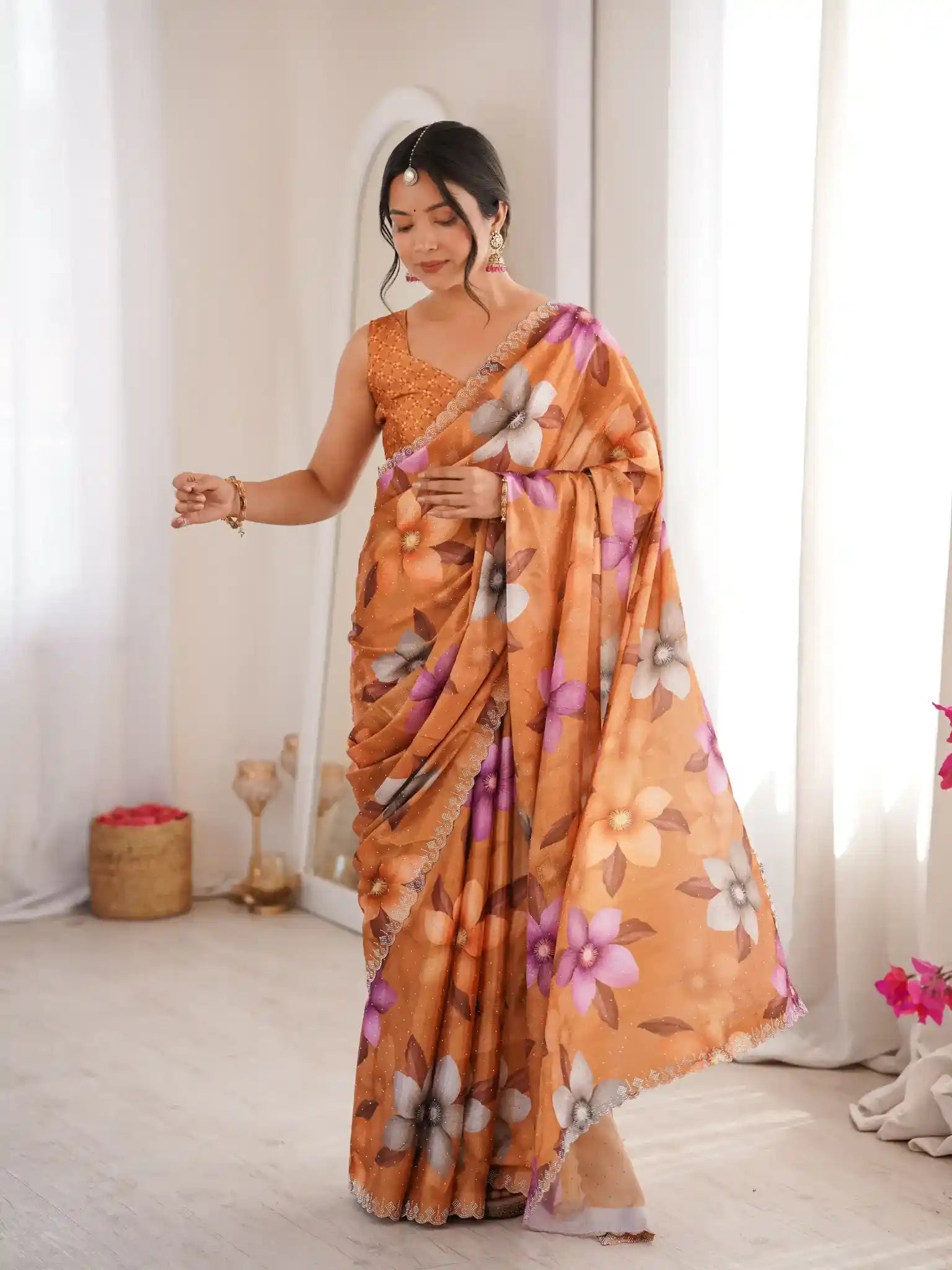 Mustard Pure Chinon Digital Printed Swarovski Work Saree - View 1