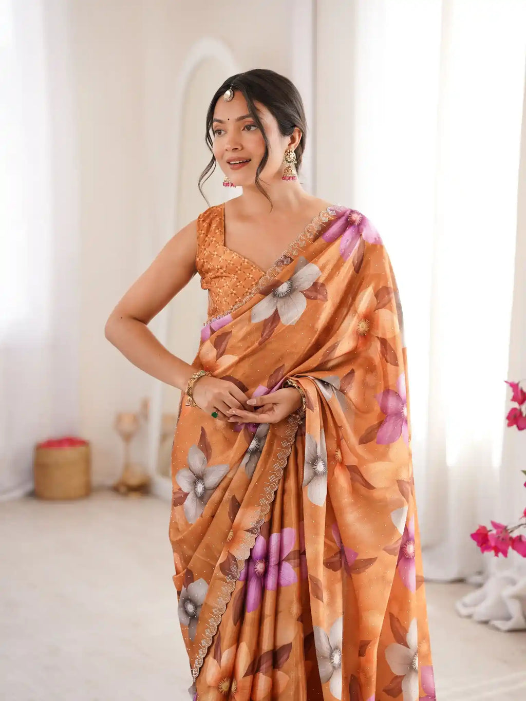 Mustard Pure Chinon Digital Printed Swarovski Work Saree - View 2