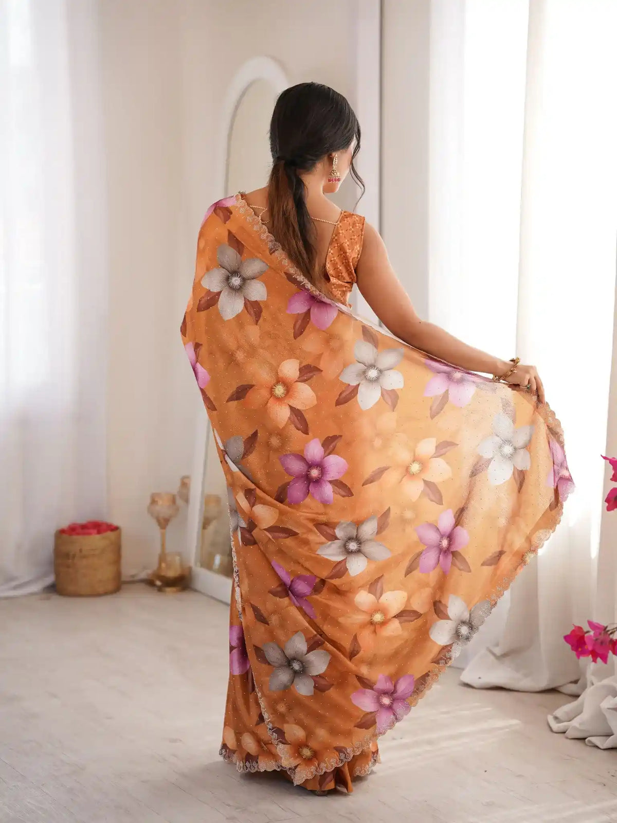 Mustard Pure Chinon Digital Printed Swarovski Work Saree - View 5
