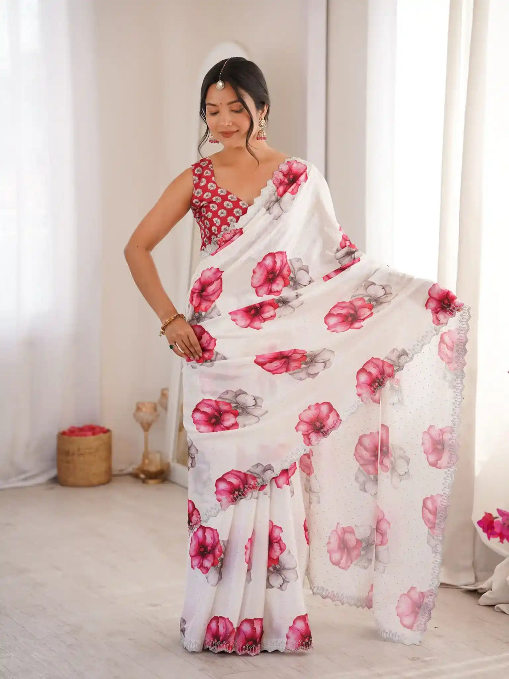 White Pure Chinon Digital Printed Swarovski Work Saree - View 1