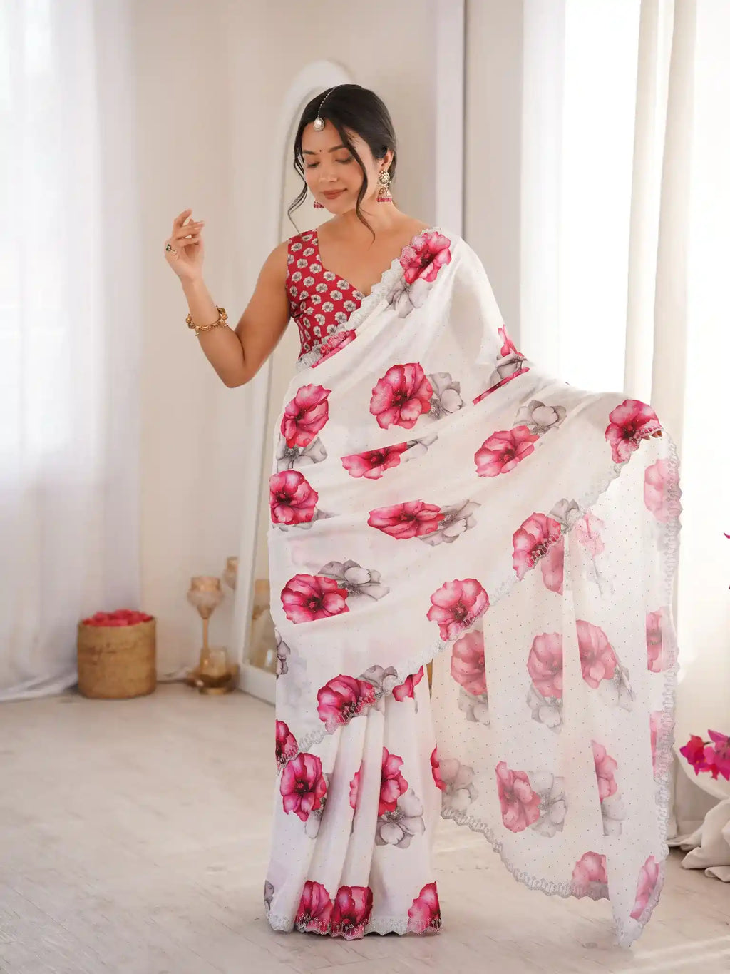 White Pure Chinon Digital Printed Swarovski Work Saree - View 2