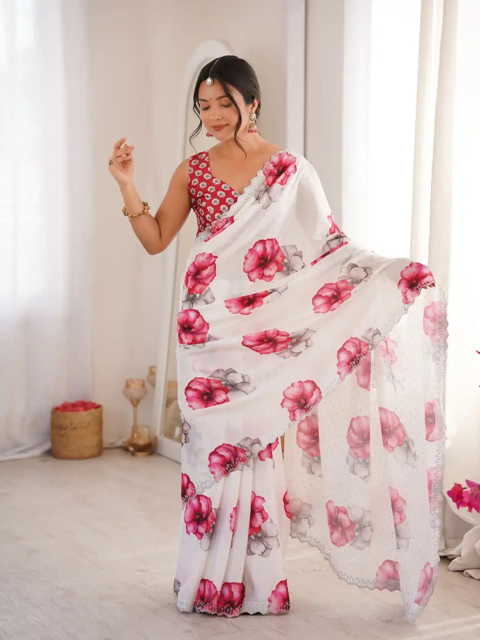 White Pure Chinon Digital Printed Swarovski Work Saree - View 2
