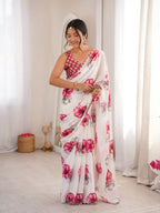 White Pure Chinon Digital Printed Swarovski Work Saree - View 3
