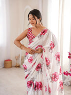 White Pure Chinon Digital Printed Swarovski Work Saree - View 4