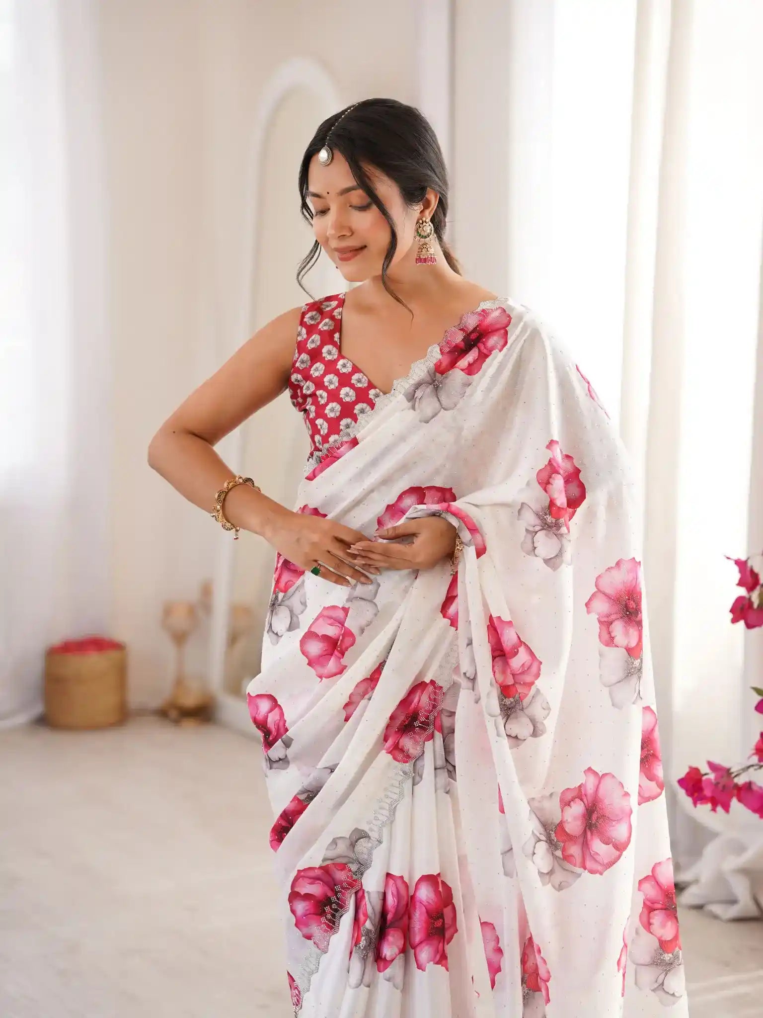 White Pure Chinon Digital Printed Swarovski Work Saree - View 4