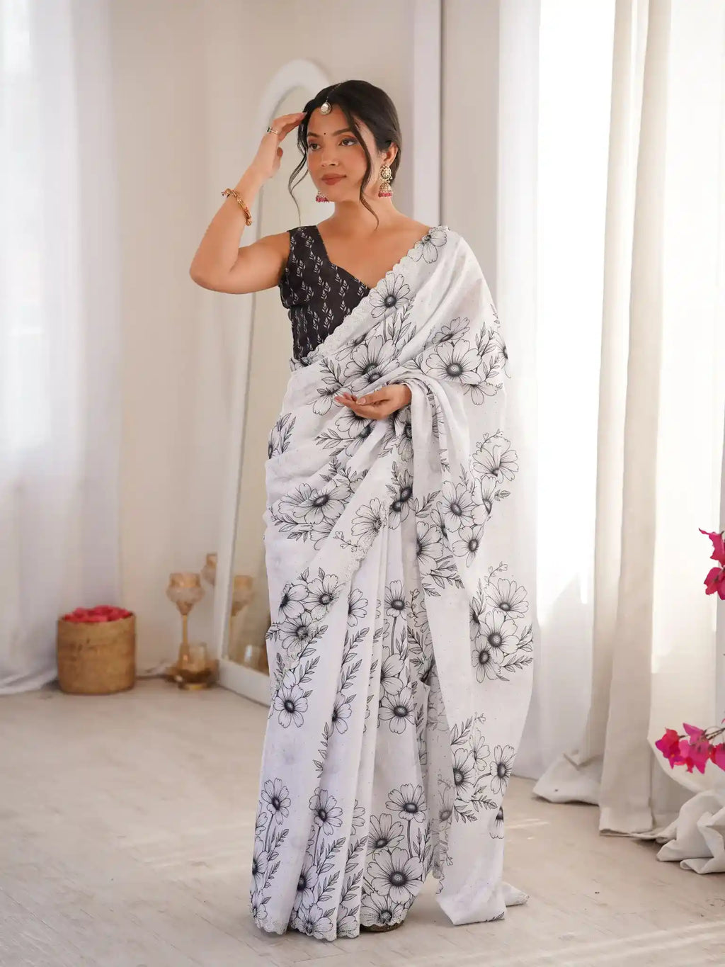 White Pure Chinon Digital Printed Swarovski Work Saree - View 1