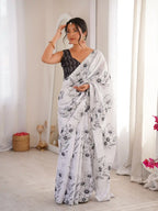 White Pure Chinon Digital Printed Swarovski Work Saree - View 1