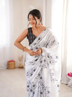 White Pure Chinon Digital Printed Swarovski Work Saree - View 4