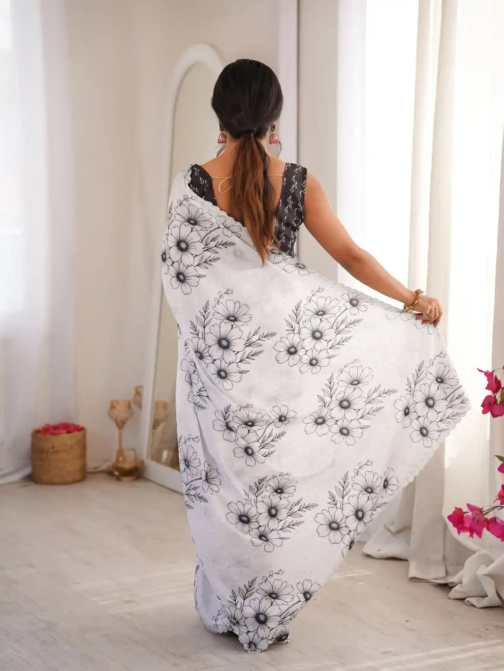 White Pure Chinon Digital Printed Swarovski Work Saree - View 5