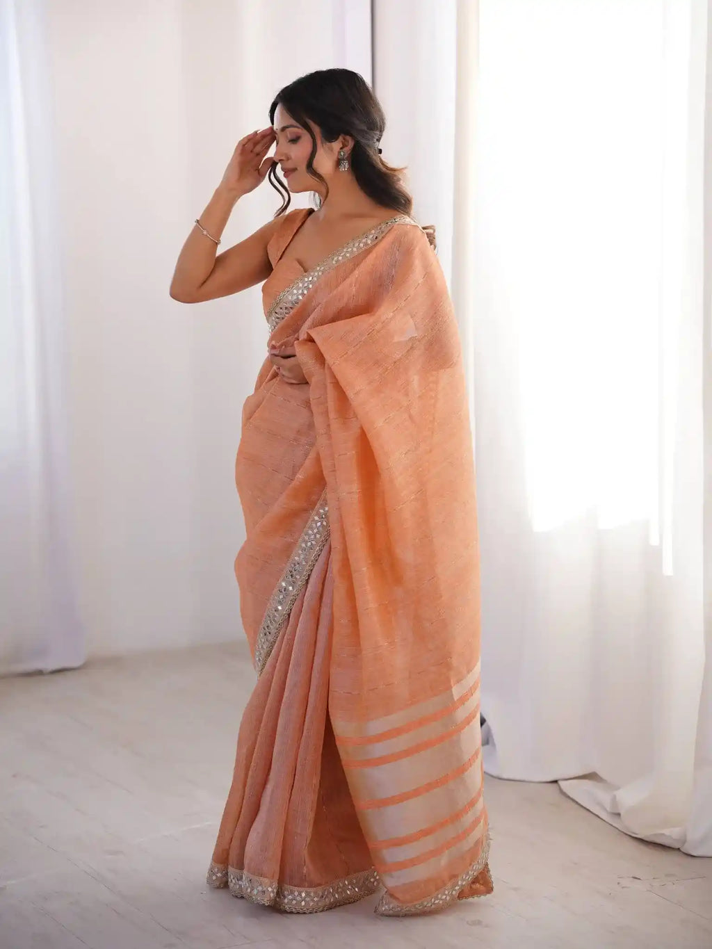 Peach Spun Cotton Woven Jari & Mirror Work Saree - View 1