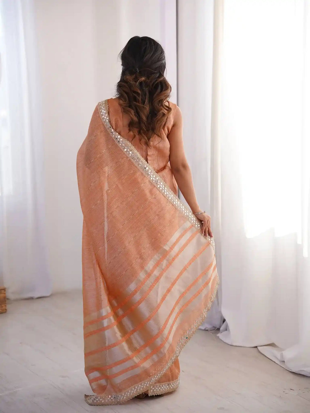 Peach Spun Cotton Woven Jari & Mirror Work Saree - View 3
