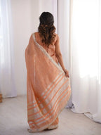 Peach Spun Cotton Woven Jari & Mirror Work Saree - View 3