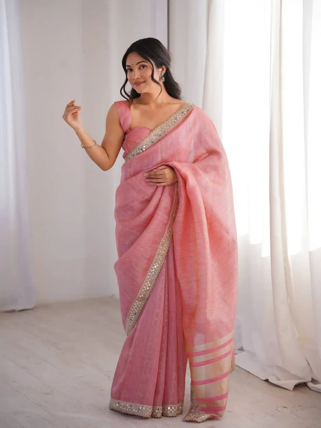Pink Spun Cotton Woven Jari & Mirror Work Saree - View 1