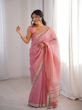 Pink Spun Cotton Woven Jari & Mirror Work Saree