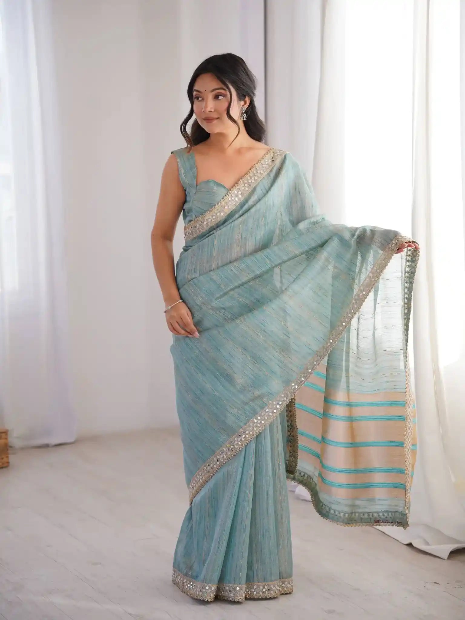 Sky Blue Spun Cotton Woven Jari & Mirror Work Saree - View 1