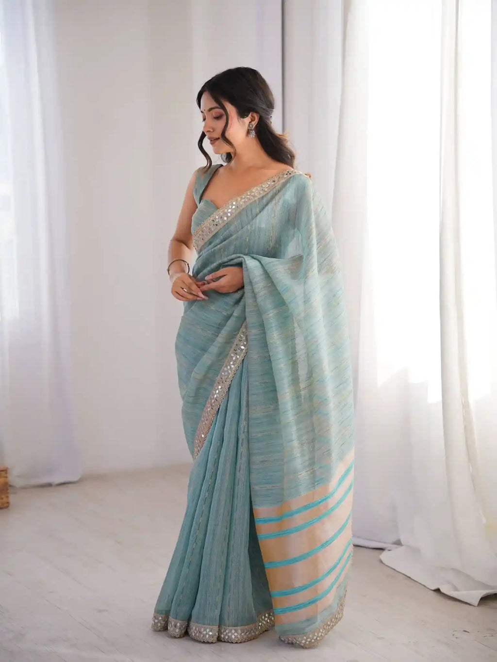 Sky Blue Spun Cotton Woven Jari & Mirror Work Saree - View 2