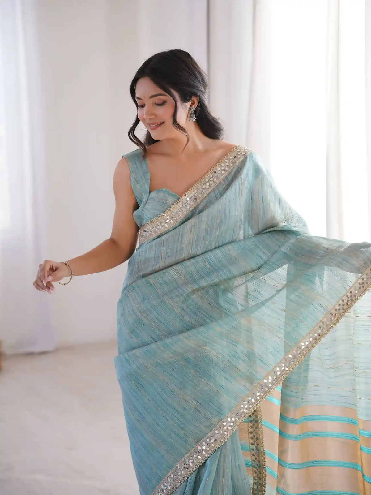 Sky Blue Spun Cotton Woven Jari & Mirror Work Saree - View 3