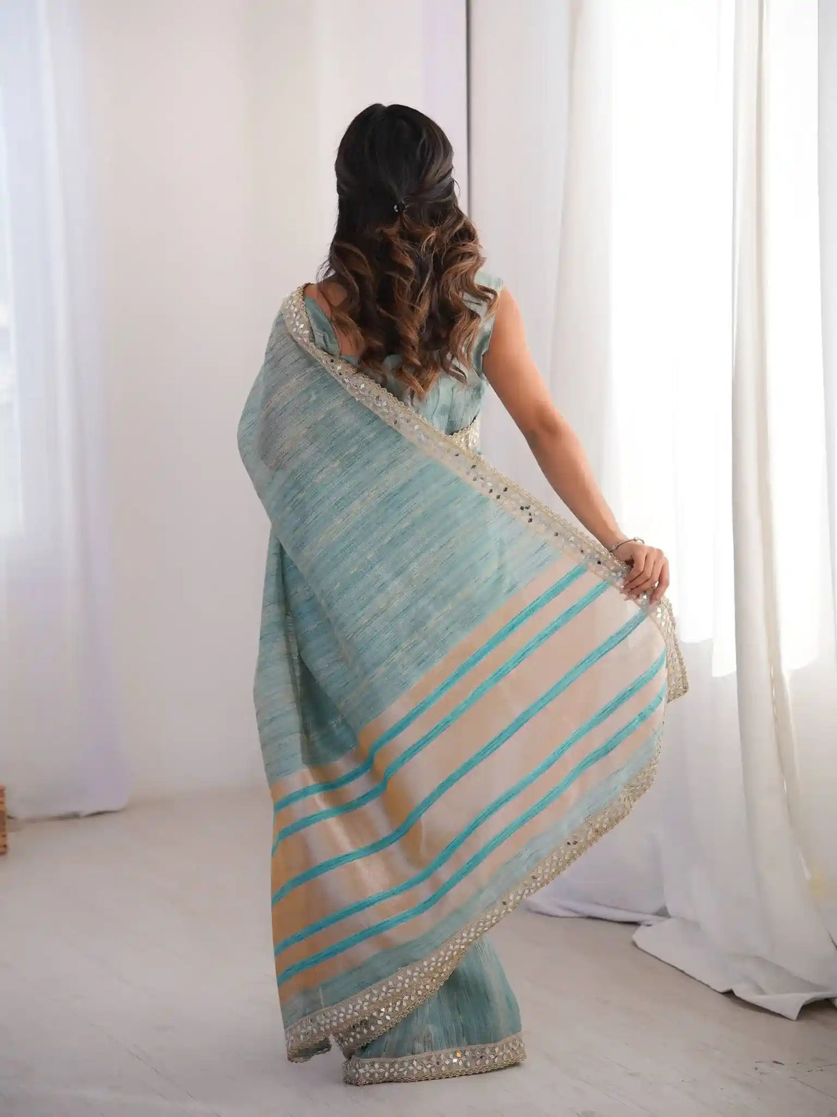 Sky Blue Spun Cotton Woven Jari & Mirror Work Saree - View 4