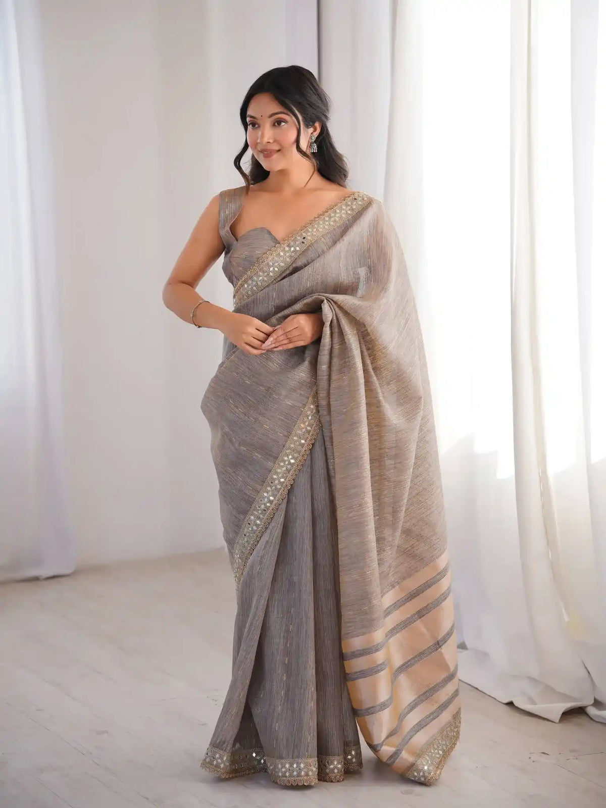 Grey Spun Cotton Woven Jari & Mirror Work Saree - View 1