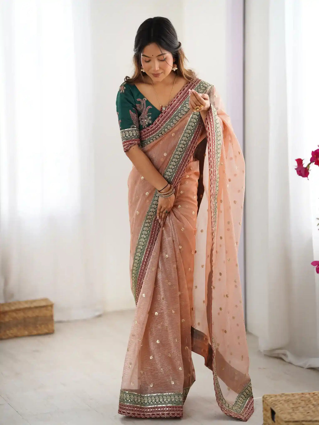 Peach Banarasi Crush Coding & Sequence Embroidered Saree - View 1