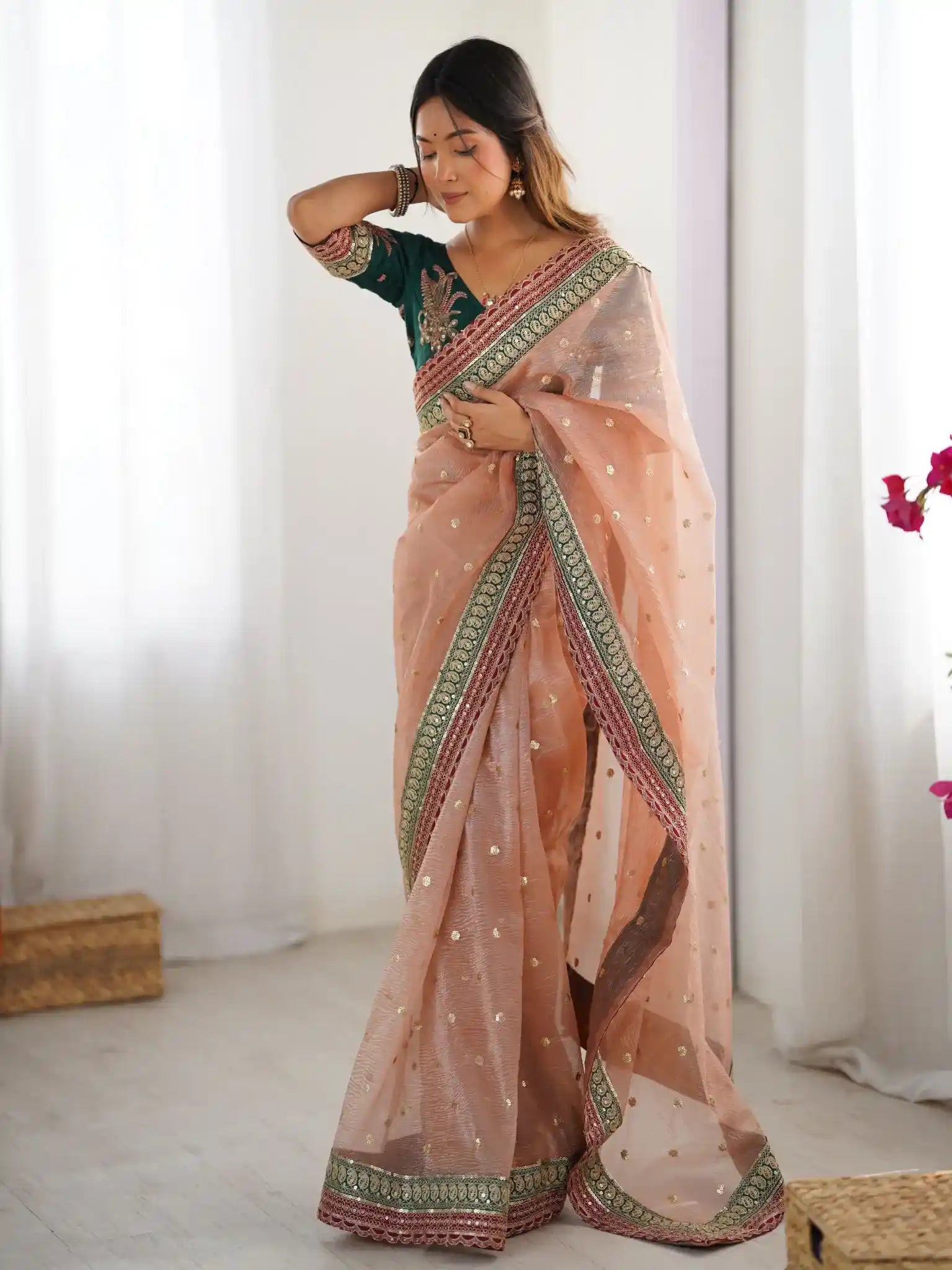 Peach Banarasi Crush Coding & Sequence Embroidered Saree - View 3