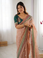 Peach Banarasi Crush Coding & Sequence Embroidered Saree - View 4