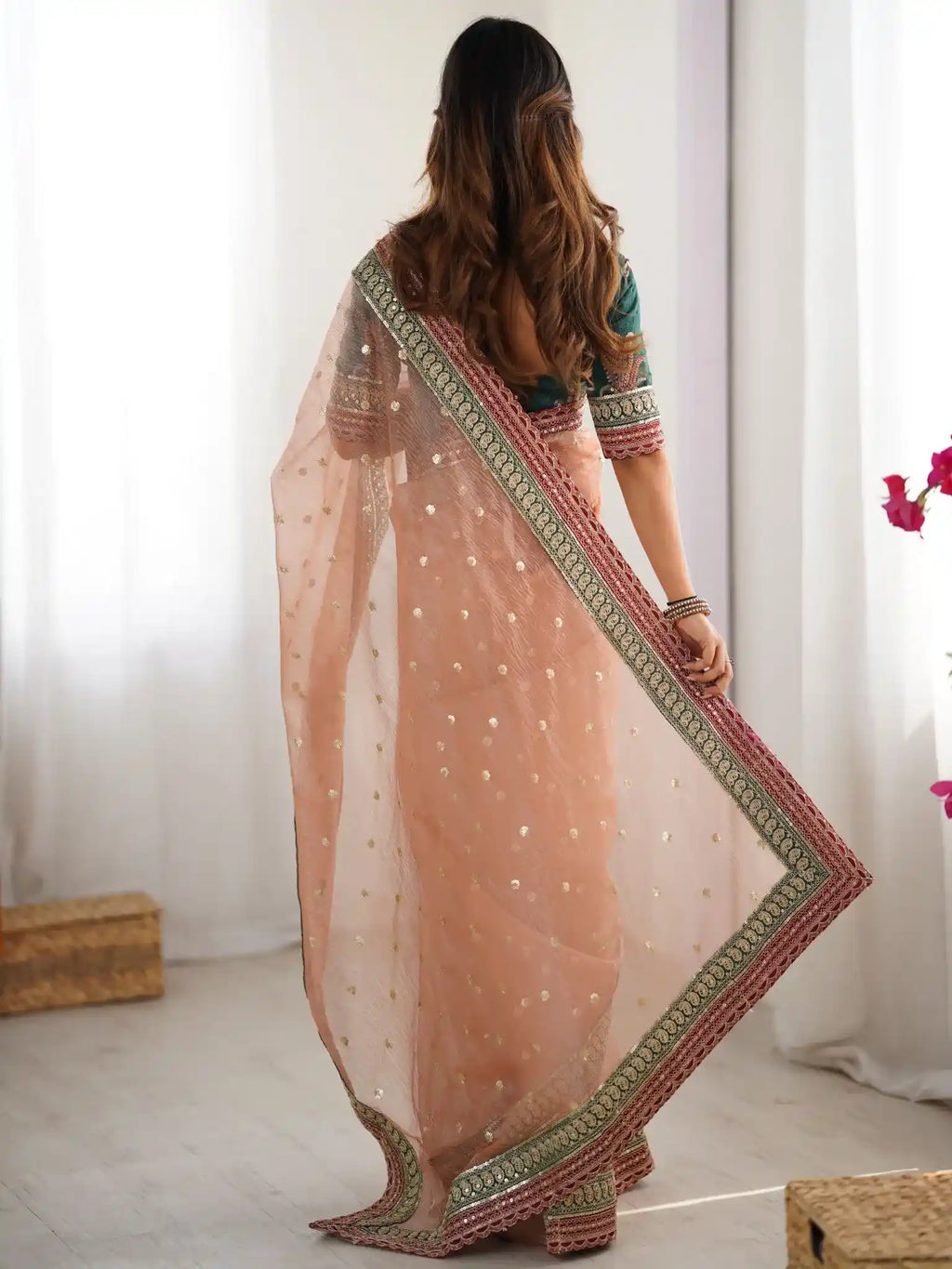 Peach Banarasi Crush Coding & Sequence Embroidered Saree - View 5