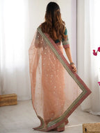 Peach Banarasi Crush Coding & Sequence Embroidered Saree - View 5