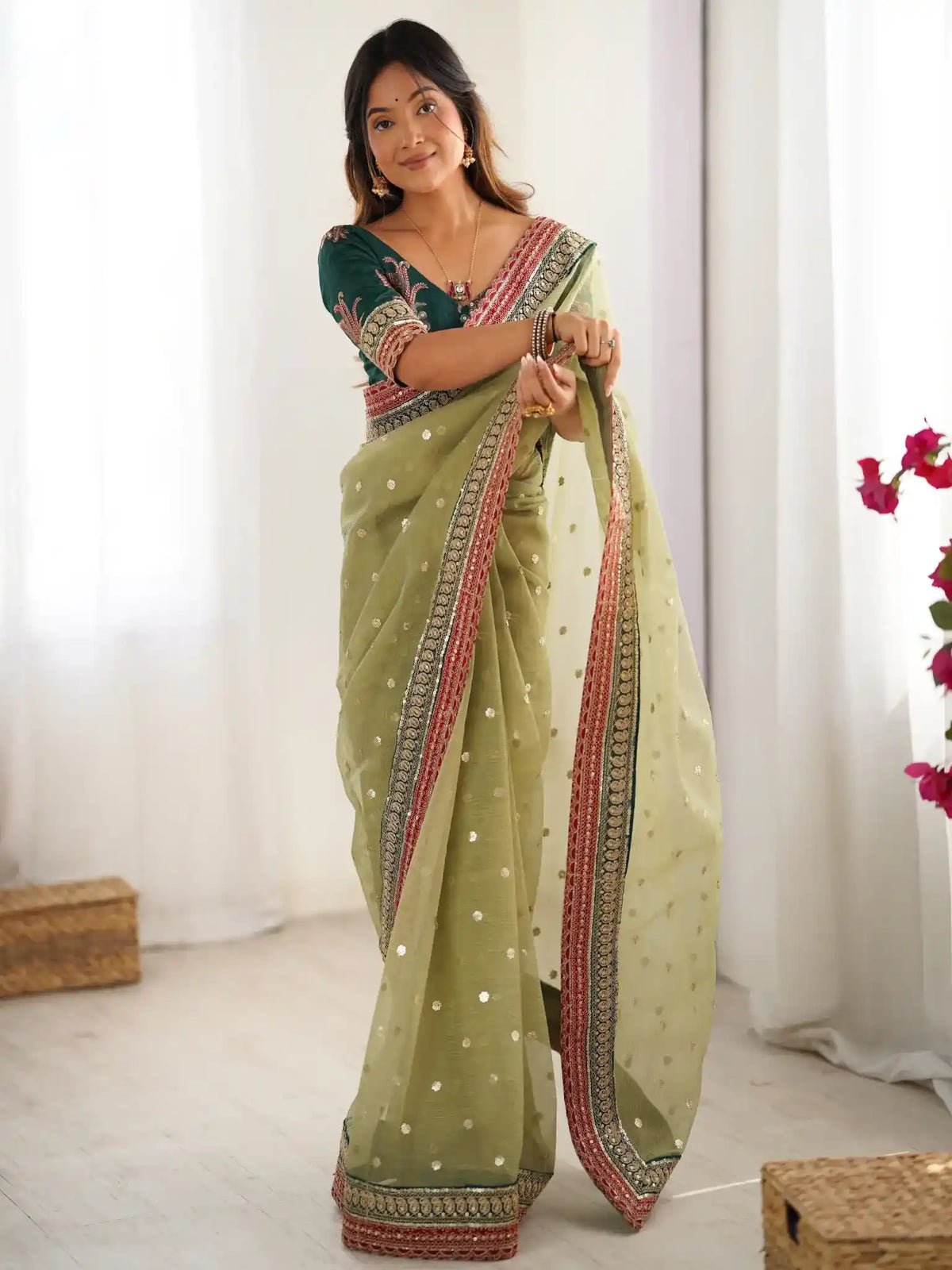 Pista Banarasi Crush Coding & Sequence Embroidered Saree - View 3