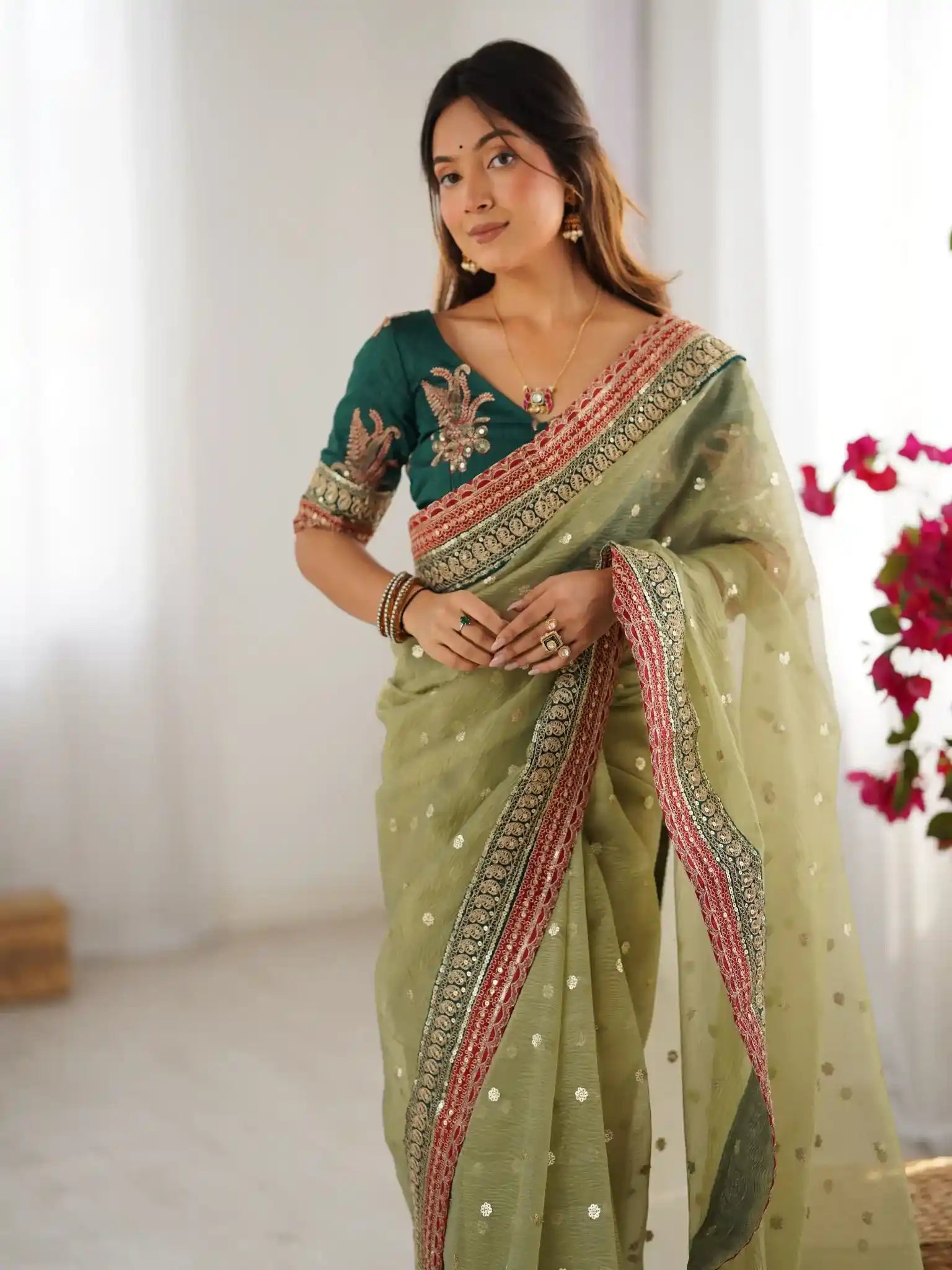 Pista Banarasi Crush Coding & Sequence Embroidered Saree - View 4