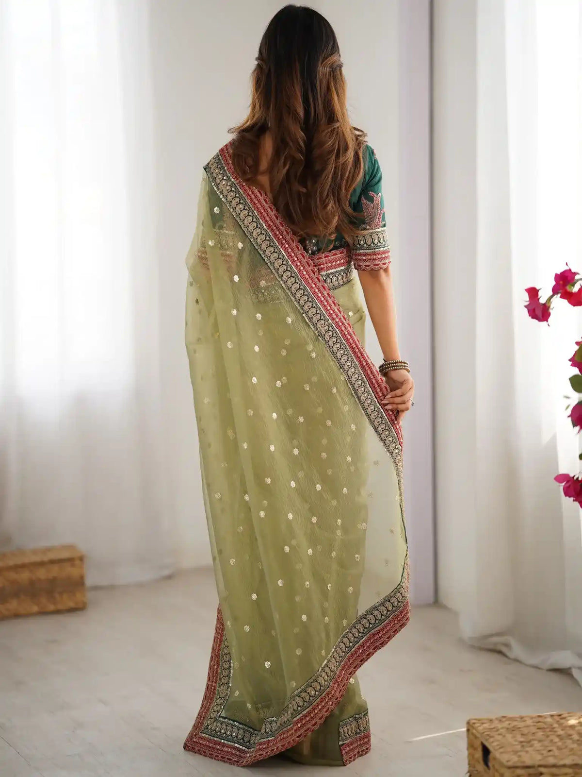 Pista Banarasi Crush Coding & Sequence Embroidered Saree - View 5