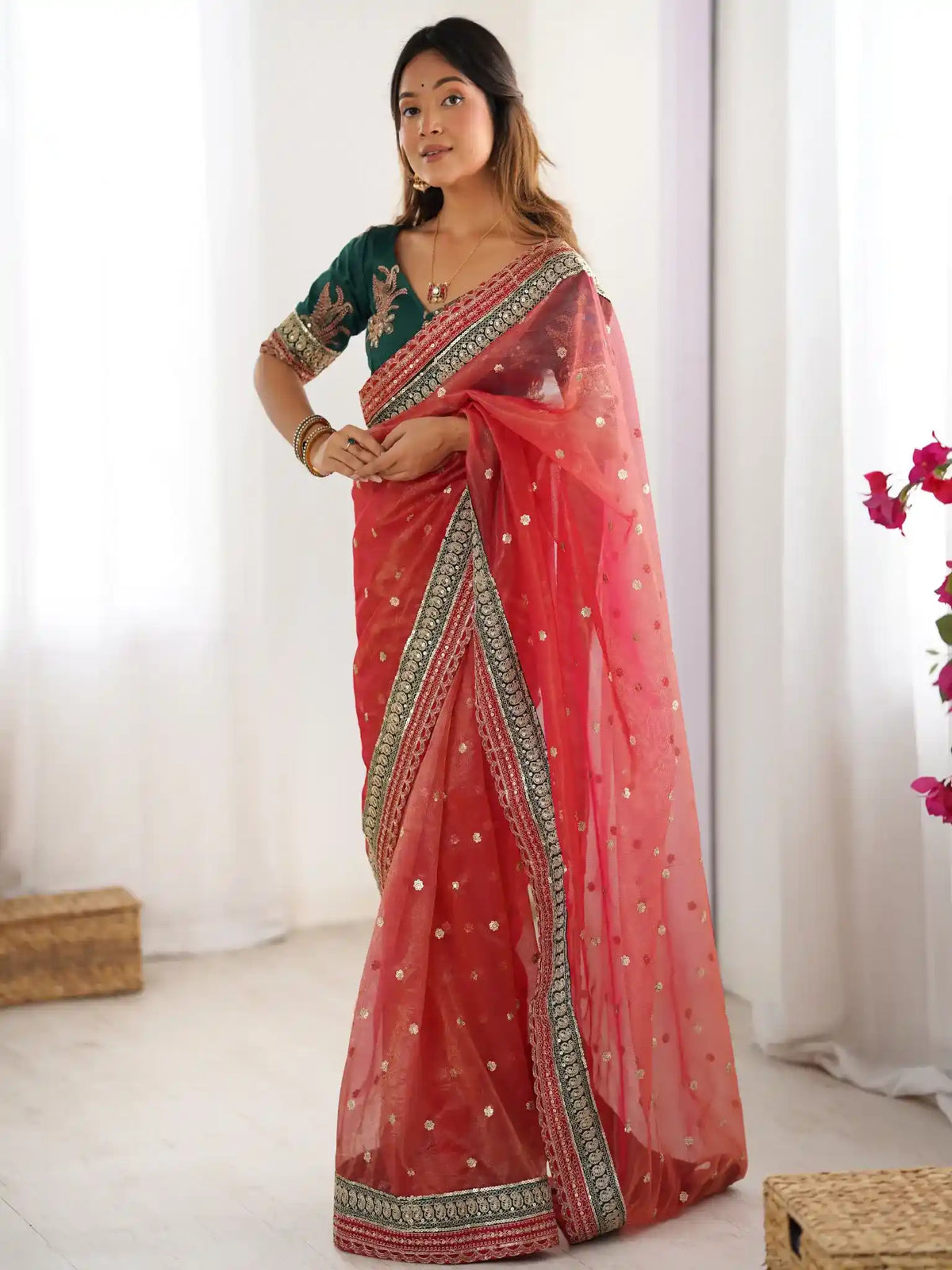 Red Banarasi Crush Coding & Sequence Embroidered Saree - View 1