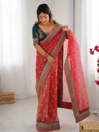 Red Banarasi Crush Coding & Sequence Embroidered Saree - View 3